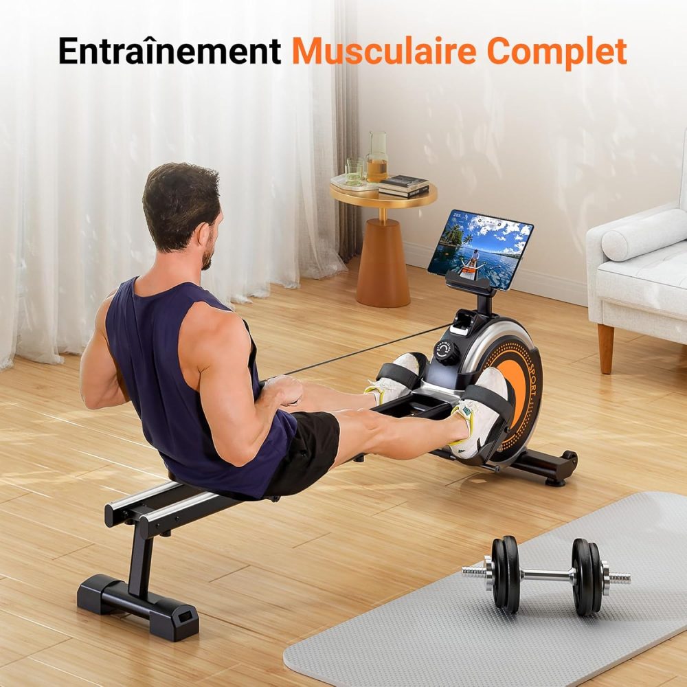 Rameur Appartement Sport Dripex Orange, Freinage Magnétique, 16 Niveaux de Résistance, Pliable