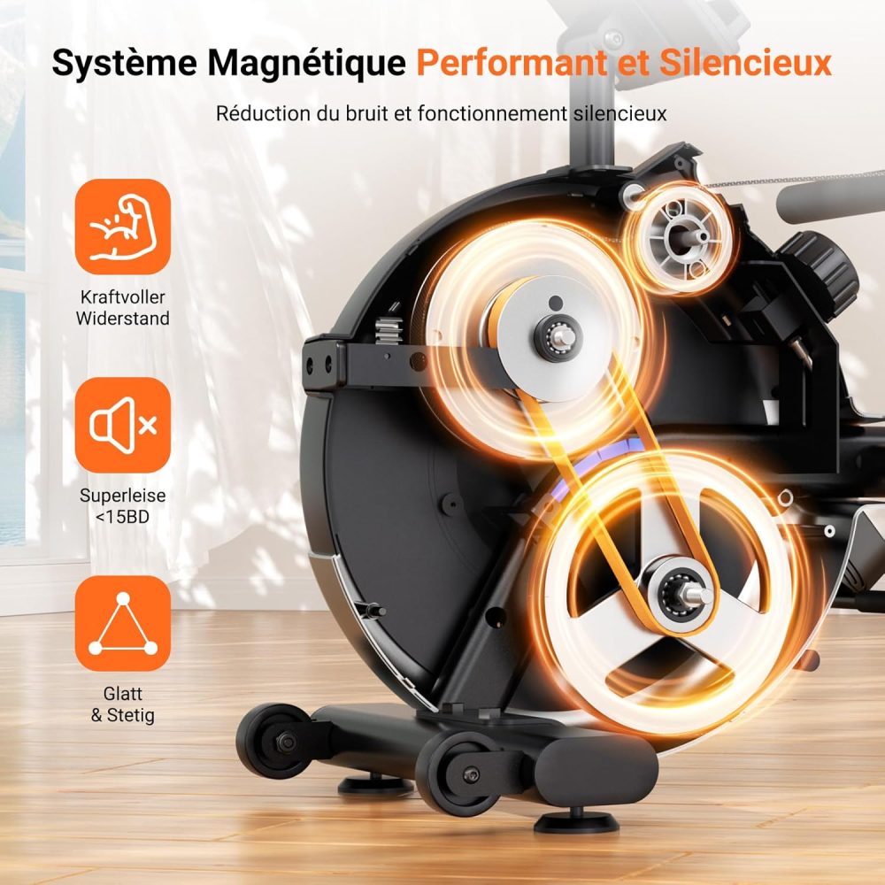 Rameur Appartement Sport Dripex Orange, Freinage Magnétique, 16 Niveaux de Résistance, Pliable