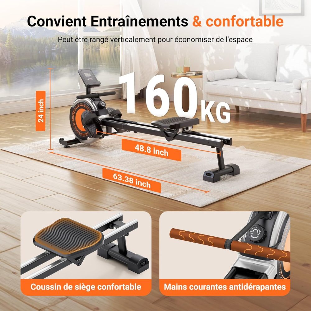 Rameur Appartement Sport Dripex Orange, Freinage Magnétique, 16 Niveaux de Résistance, Pliable