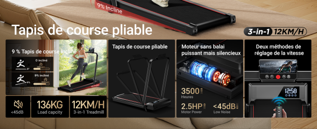 Tapis de Course LONTEK, Pliable, Inclinable, 12KM/H, Tapis de Marche avec Moteur Silencieux Amélioré