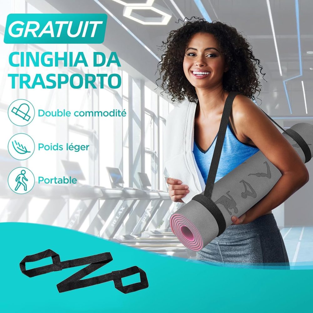 Tapis de Yoga OUTDOUSE Gris Rose, Antidérapant, avec Sangles de rangement