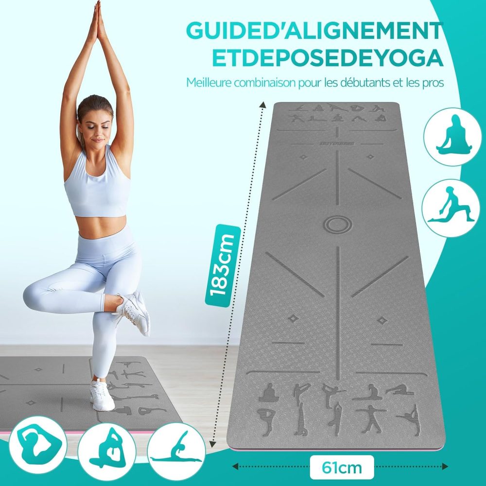 Tapis de Yoga OUTDOUSE Gris Rose, Antidérapant, avec Sangles de rangement