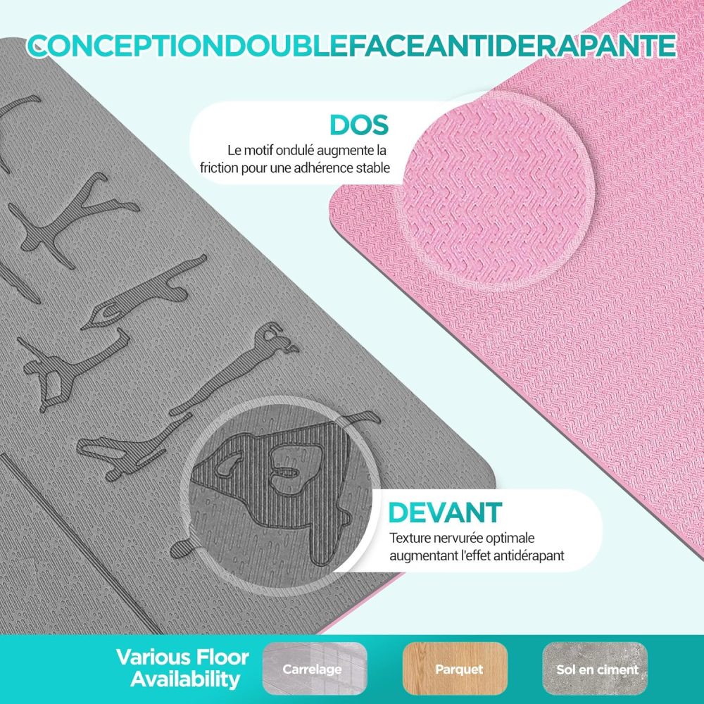 Tapis de Yoga OUTDOUSE Gris Rose, Antidérapant, avec Sangles de rangement